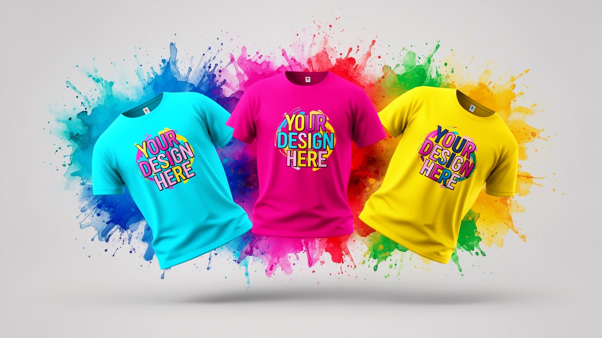 Custom printed t-shirts in cyan, magenta, and yellow
