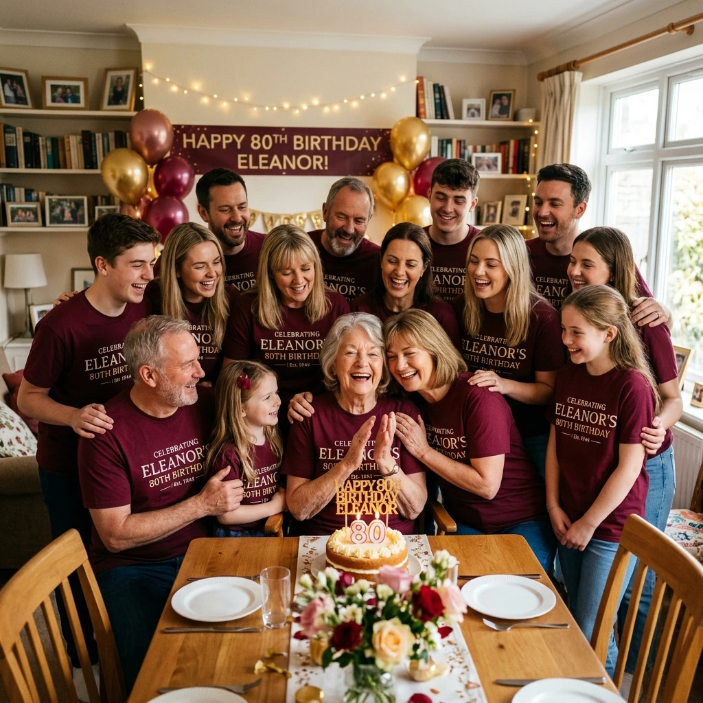 Grandmother celebrating 80th birthday with family in matching maroon shirts