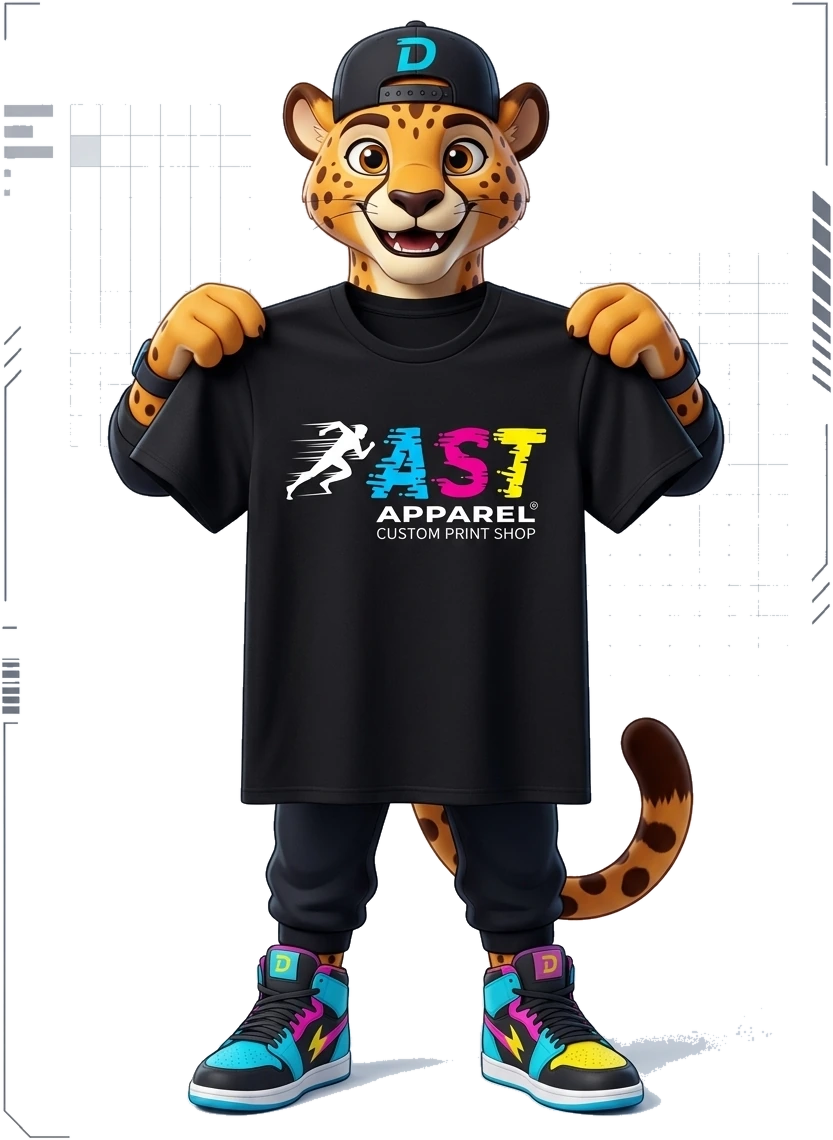 Dash the Cheetah holding custom Fast Apparel shirt