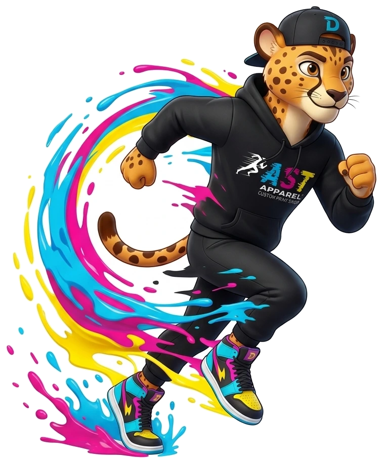 Dash the Cheetah sprinting with CMYK ink trails